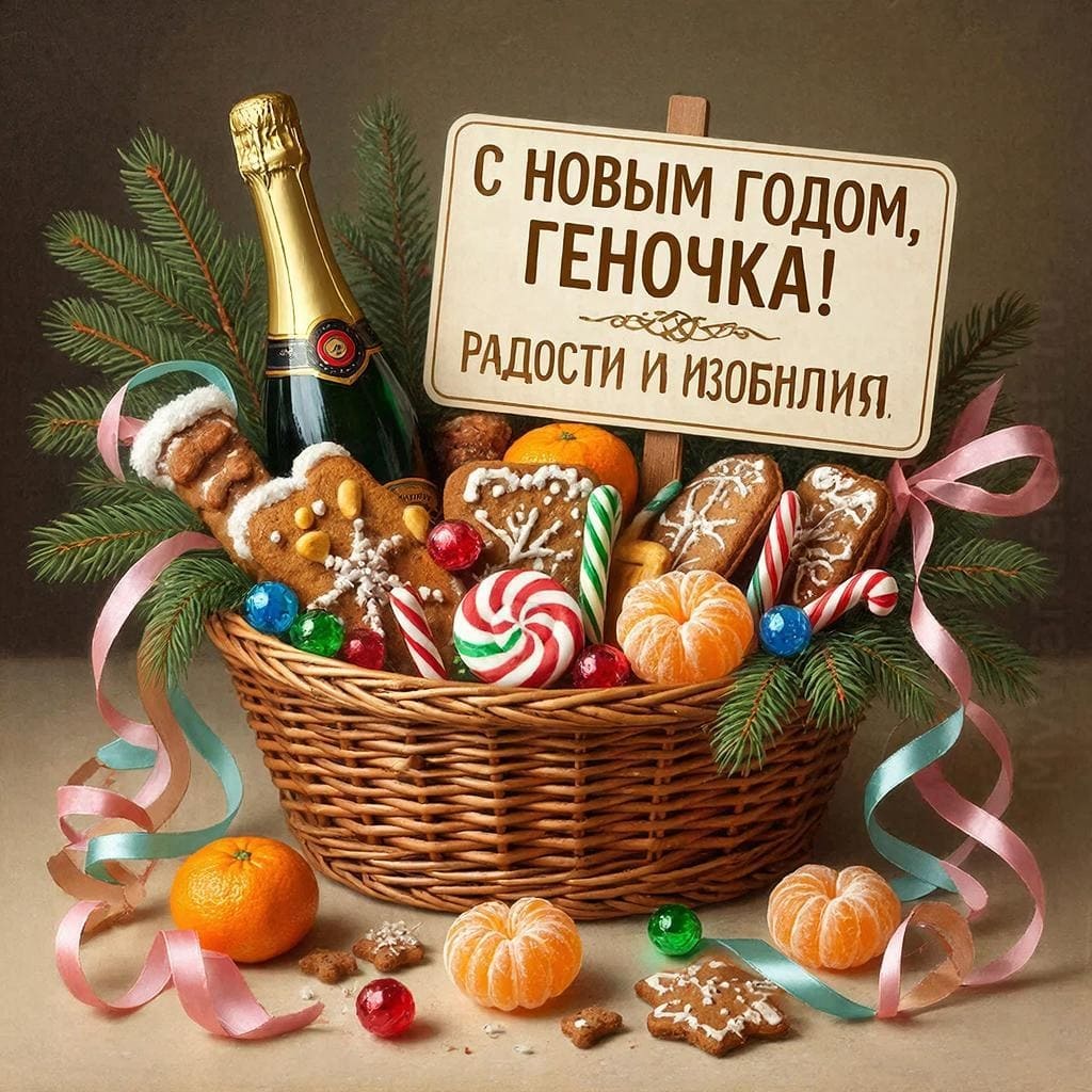 Корзина с деликатесами, ленточки и ёлочная ветка — «С Новым годом, Геннадий! Радости и изобилия!»