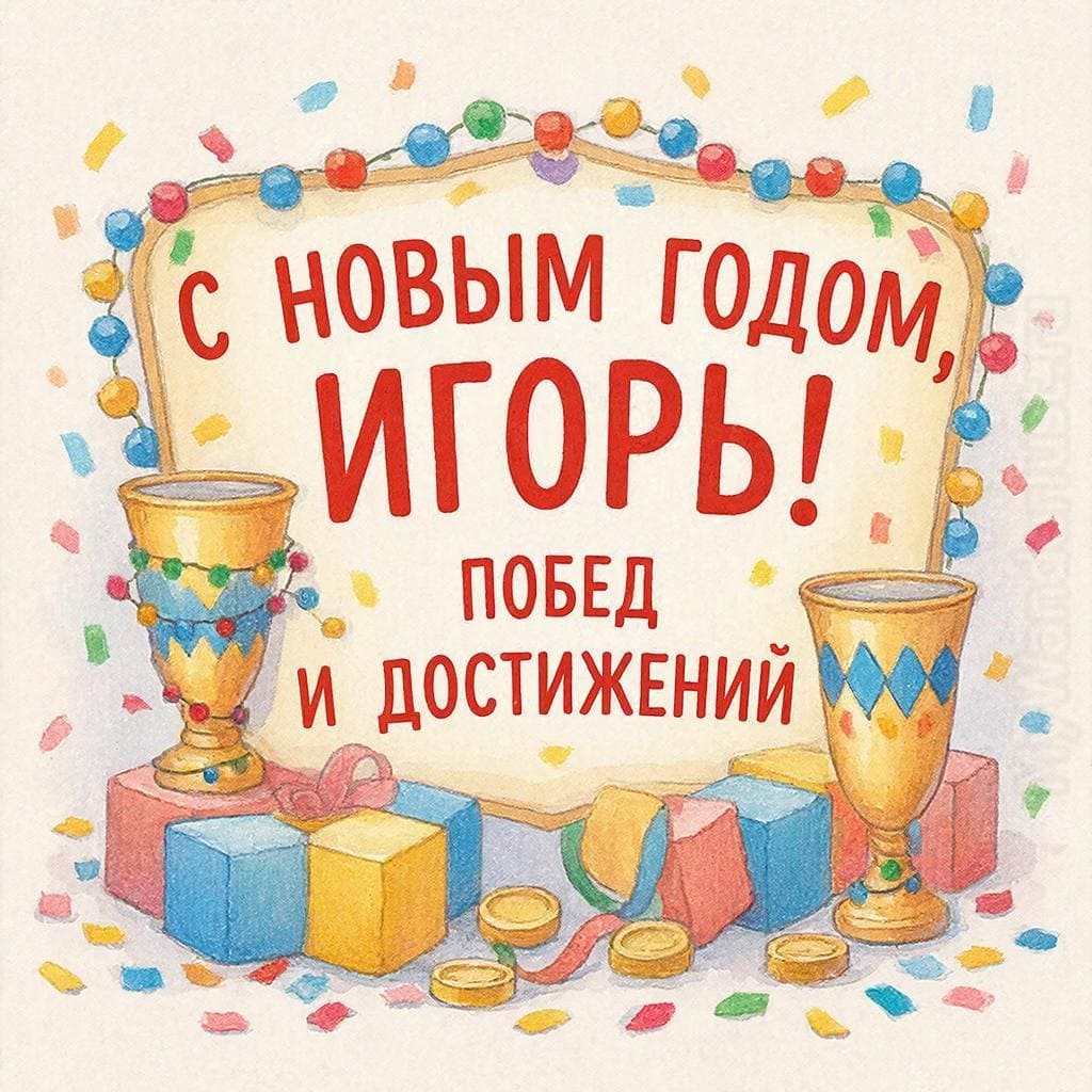 Кубки, медали, гирлянда и праздничное конфетти — «С Новым годом, Игорь! Побед и достижений!»