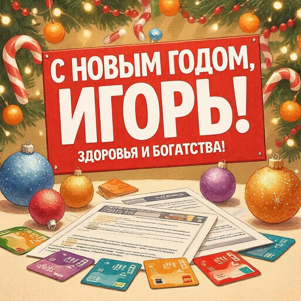 Финансовые бумаги, карта и ёлочные шарики — «С Новым годом, Игорь! Благосостояния и богатства!»