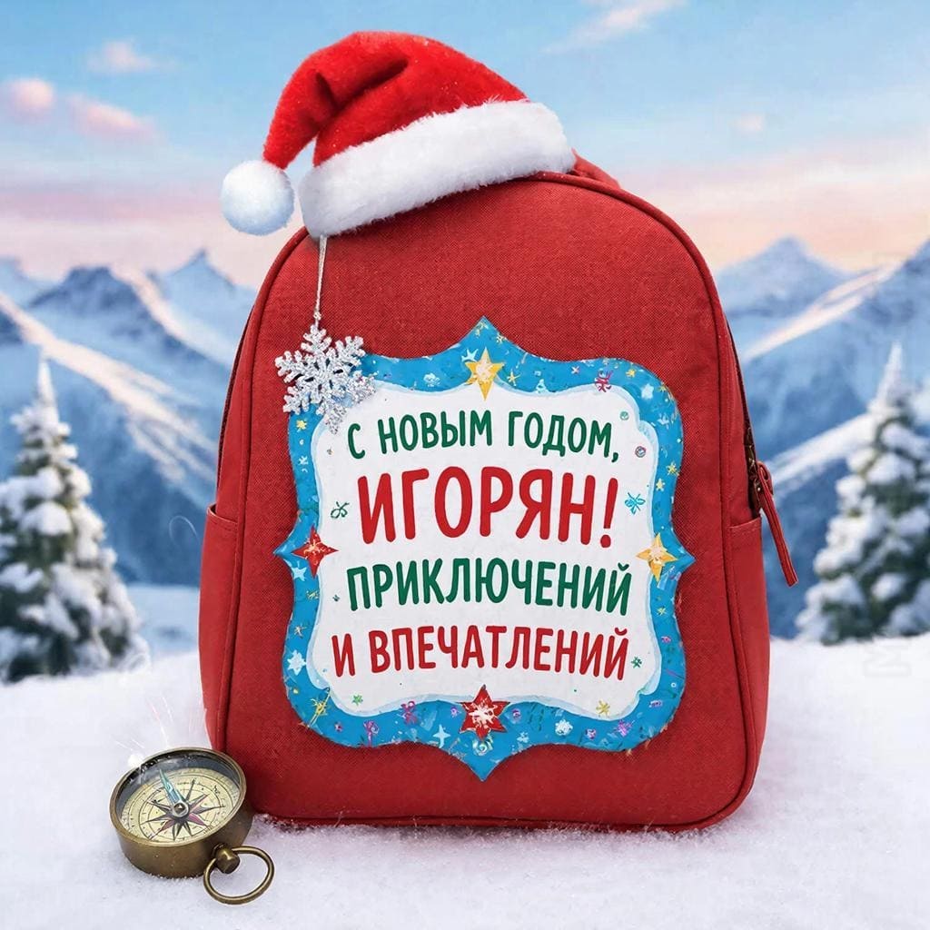 Рюкзак, компас, горы и новогодняя шапка на рюкзаке — «С Новым годом, Игорян! Приключений и впечатлений!»