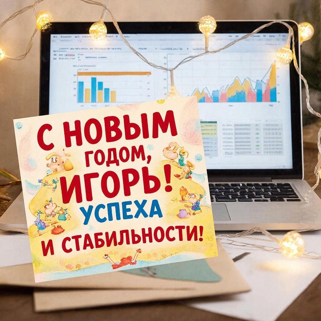 Рабочий стол, ноутбук, диаграммы и гирлянды — «С Новым годом, Игорь! Успеха и стабильности!»