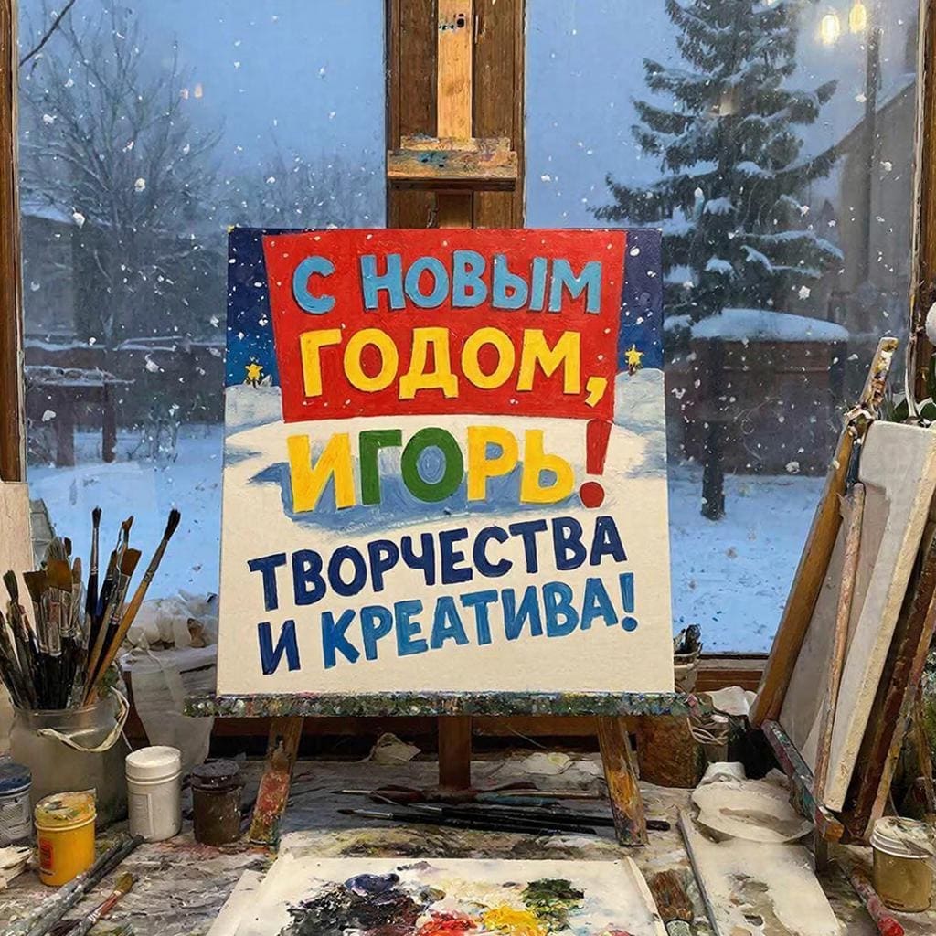 Холст, краски и снежинки падают за окном — «С Новым годом, Игорь! Творчества и креатива!»