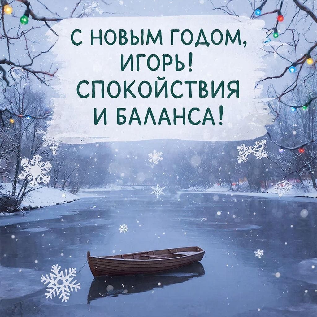 Пруд, лодка, снежные хлопья и гирлянды на ветках — «С Новым годом, Игорь! Спокойствия и баланса!»