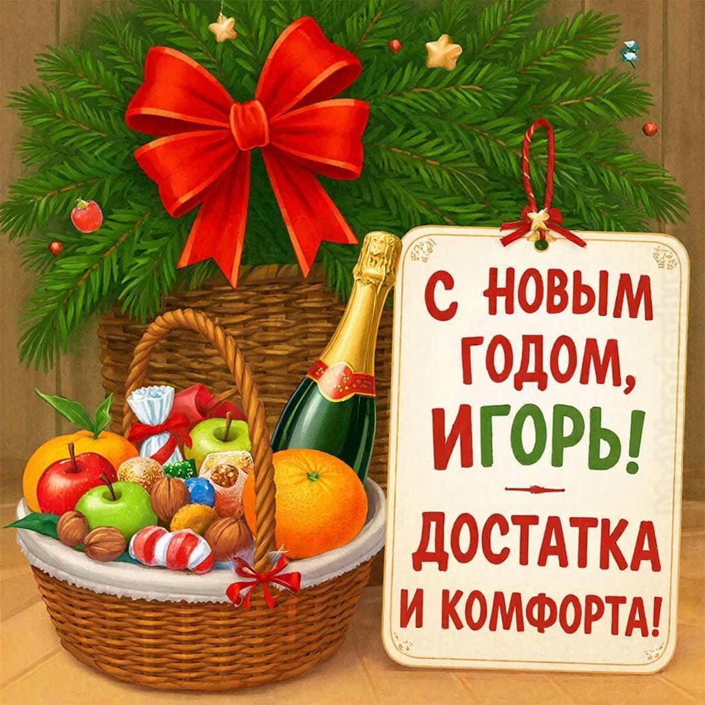 Корзина с продуктами, украшенная еловой веткой и бантом — «С Новым годом, Игорь! Достатка и комфорта!»