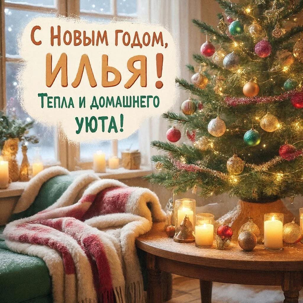 Уютная комната, плед, ёлка и огонь в свечах — «С Новым годом, Илья! Тепла и домашнего уюта!»