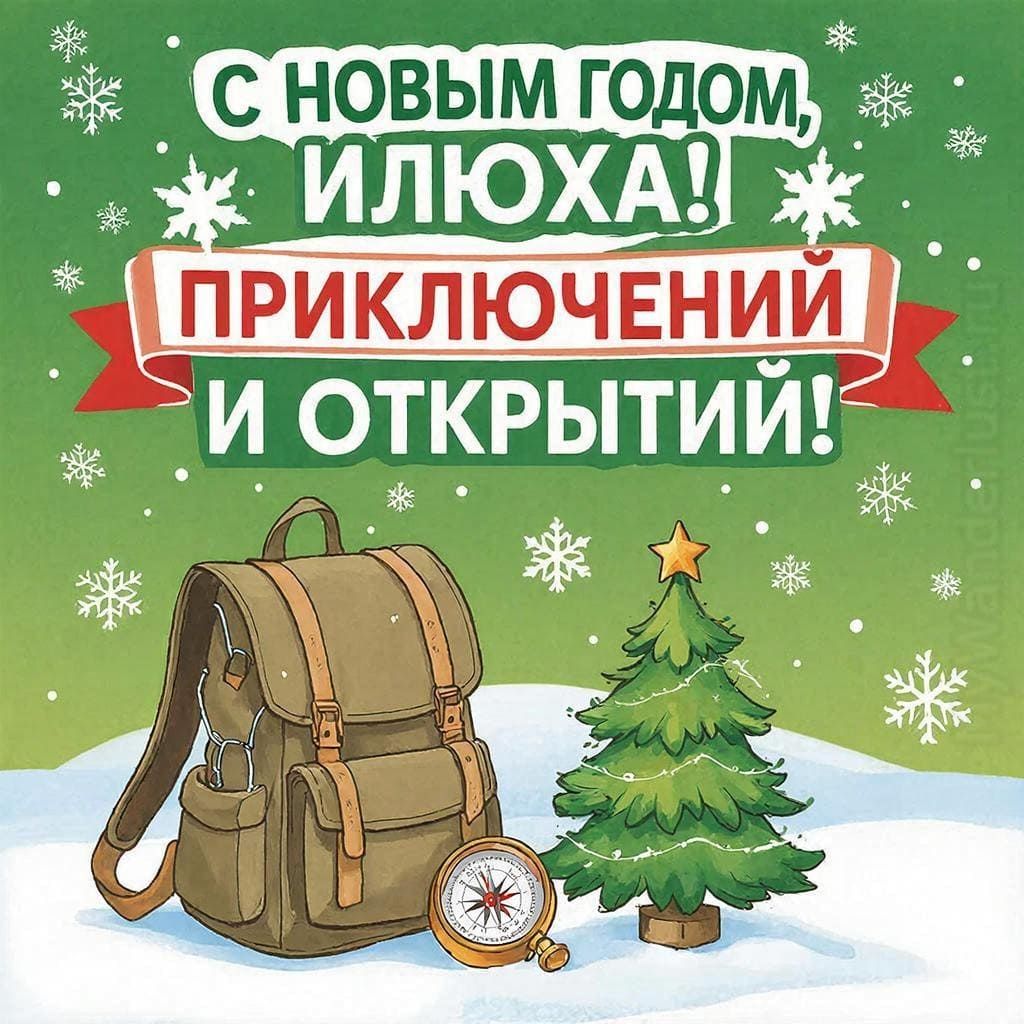 Походный рюкзак, компас, снежинки и мини-ёлочка — «С Новым годом, Илья! Приключений и открытий!»