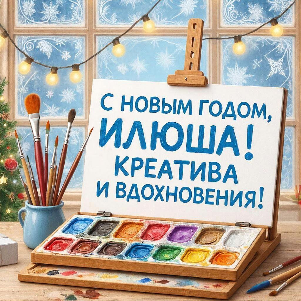 Мольберт с красками, снежные узоры и гирлянды — «С Новым годом, Илья! Креатива и вдохновения!»