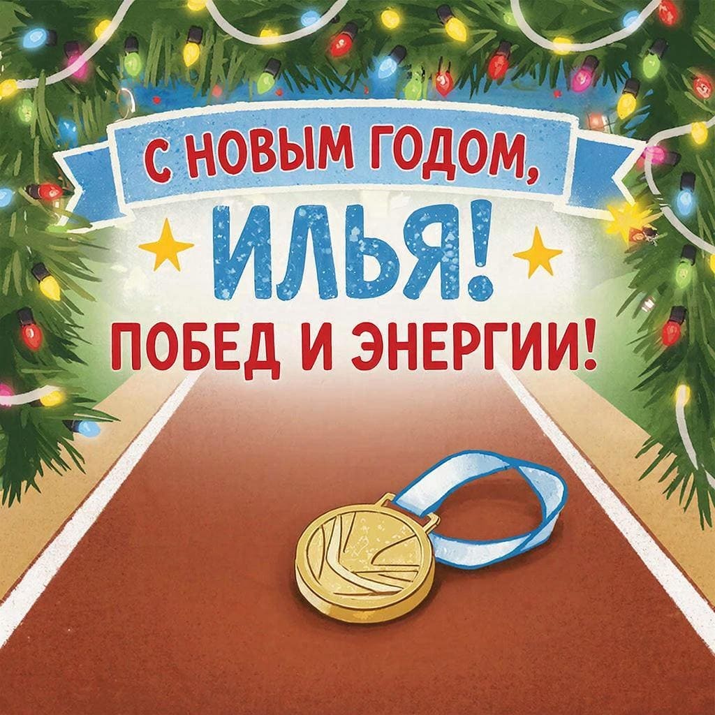 Беговая дорожка, медаль и украшенная новогодняя гирлянда — «С Новым годом, Илья! Энергии и побед!»