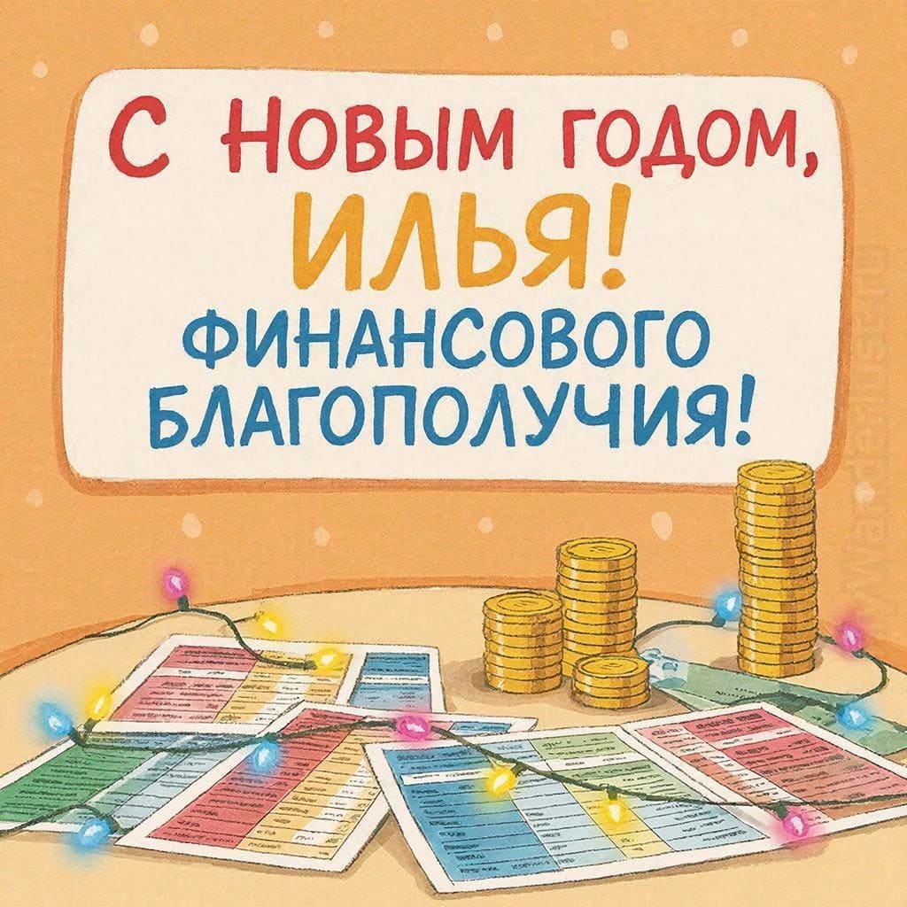 Финансовая таблица, монеты и праздничные огни на столе — «С Новым годом, Илья! Финансового благополучия!»