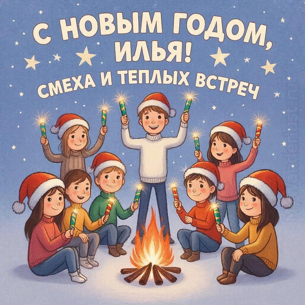 Друзья у костра, новогодние шапки и хлопушки в руках — «С Новым годом, Илья! Смеха и тёплых встреч!»