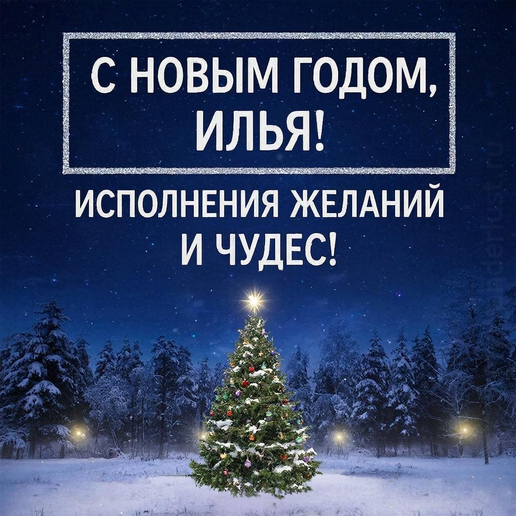Ночное небо со звездами, падающая звезда и украшенная ёлка — «С Новым годом, Илья! Исполнения желаний и чудес!»