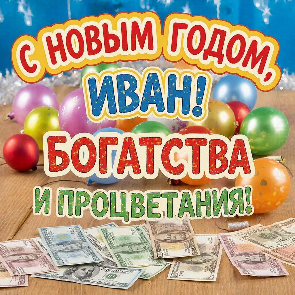 Купюры, график роста и новогодние шары на столе — «С Новым годом, Иван! Богатства и процветания!»