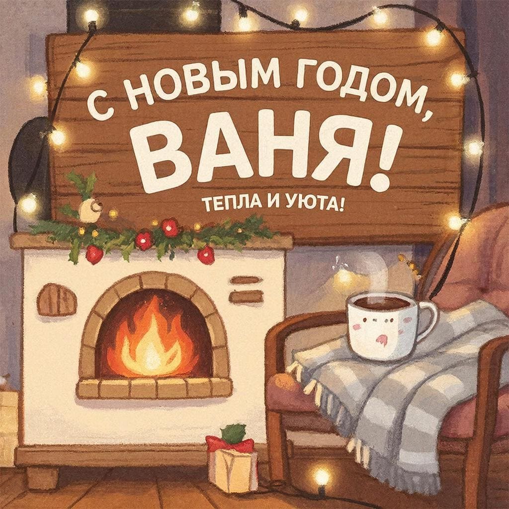 Печка, плед, чашка какао и гирлянда — «С Новым годом, Ваня! Тепла и уюта!»