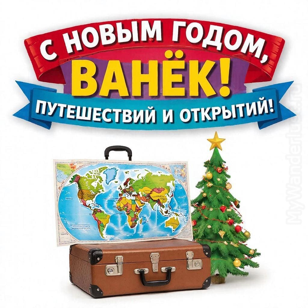 Чемодан, карта и маленькая новогодняя ёлочка — «С Новым годом, Ванёк! Путешествий и открытий!»