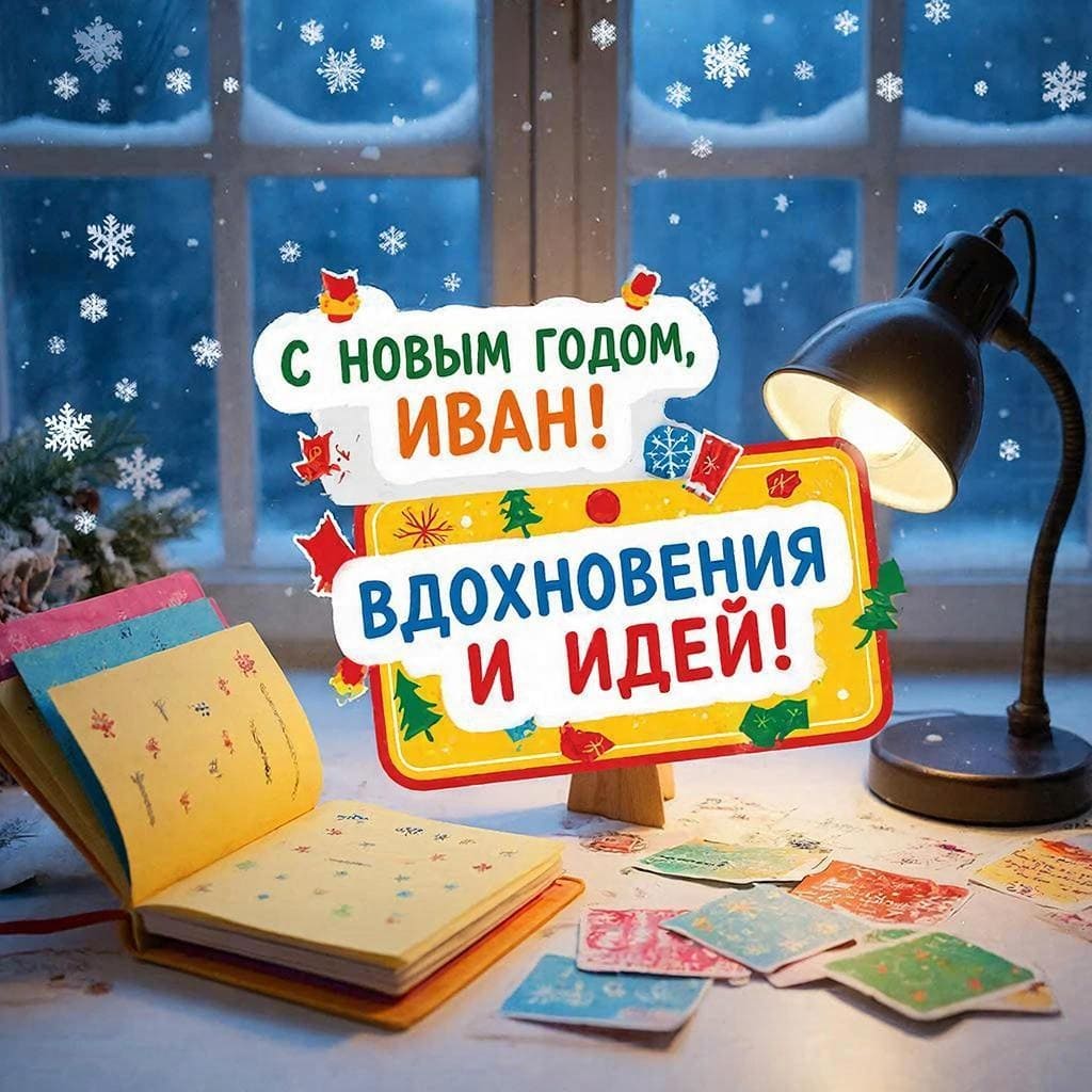 Блокнот, лампа, стикеры и снежинки на окне — «С Новым годом, Иван! Вдохновения и идей!»