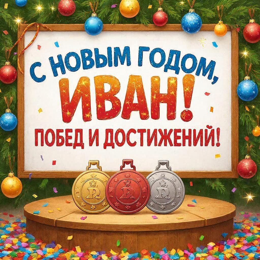 Медали, подиум, конфетти и ёлочные украшения — «С Новым годом, Иван! Побед и достижений!»