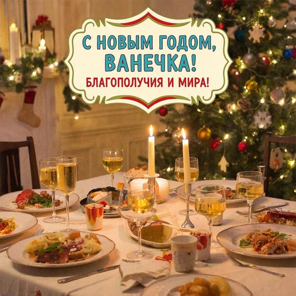 Домашний ужин, свечи, ёлка и праздничные бокалы — «С Новым годом, Ванечка! Благополучия и мира!»