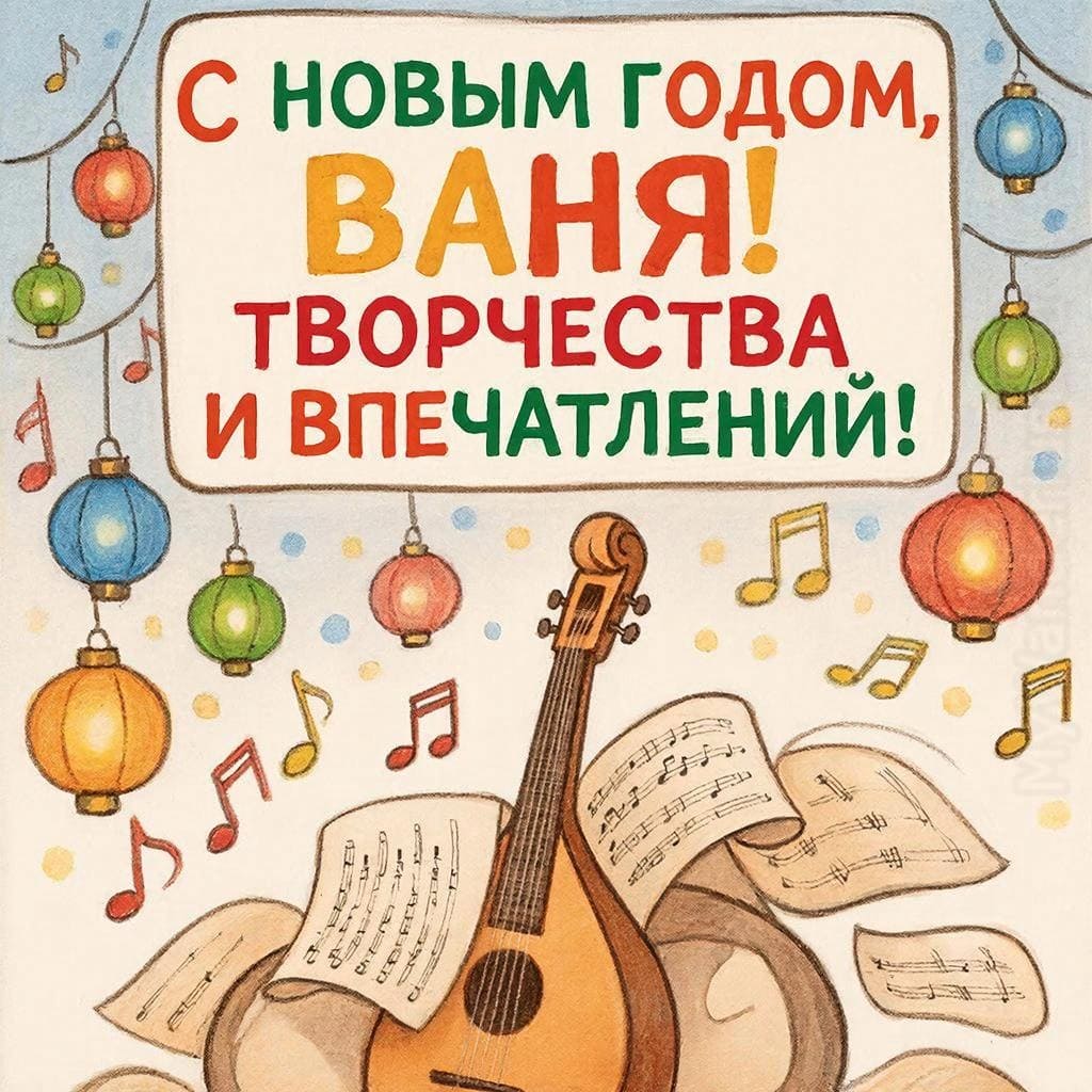 Музыкальный инструмент, ноты и новогодние фонарики — «С Новым годом, Ваня! Творчества и впечатлений!»