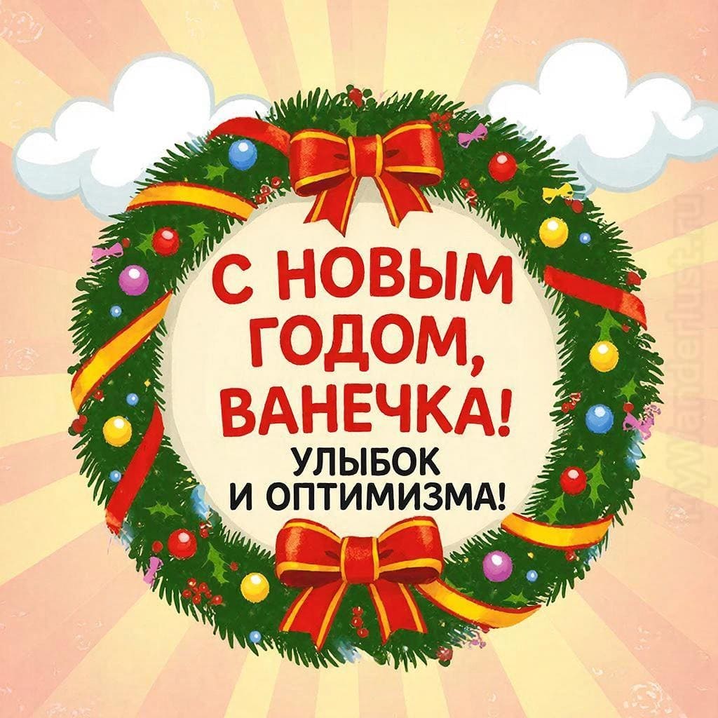 Лучи солнца и новогодний венок — «С Новым годом, Ванечка! Улыбок и оптимизма!»