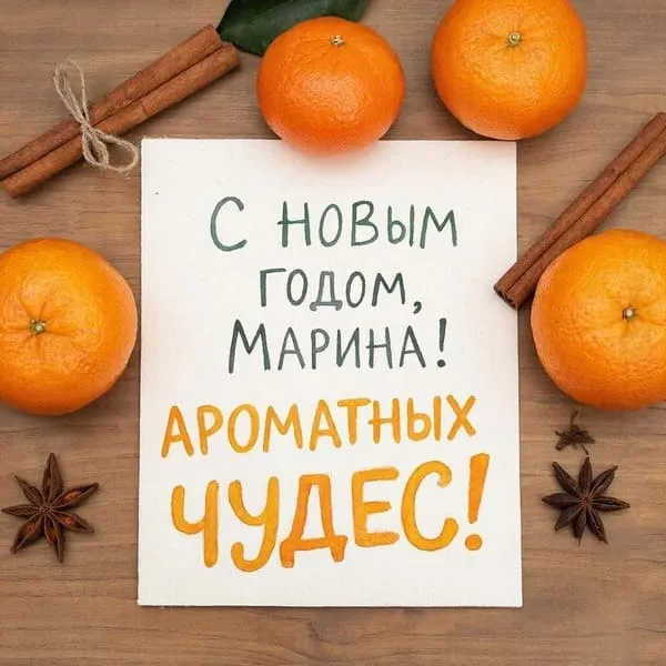 Акварельная композиция: мандарины, палочки корицы и бадьян на столе — С Новым годом, Марина! Ароматных чудес