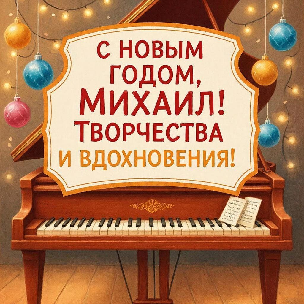 Пианино, ноты, праздничные огни и ёлочные игрушки — «С Новым годом, Михаил! Творчества и вдохновения!»