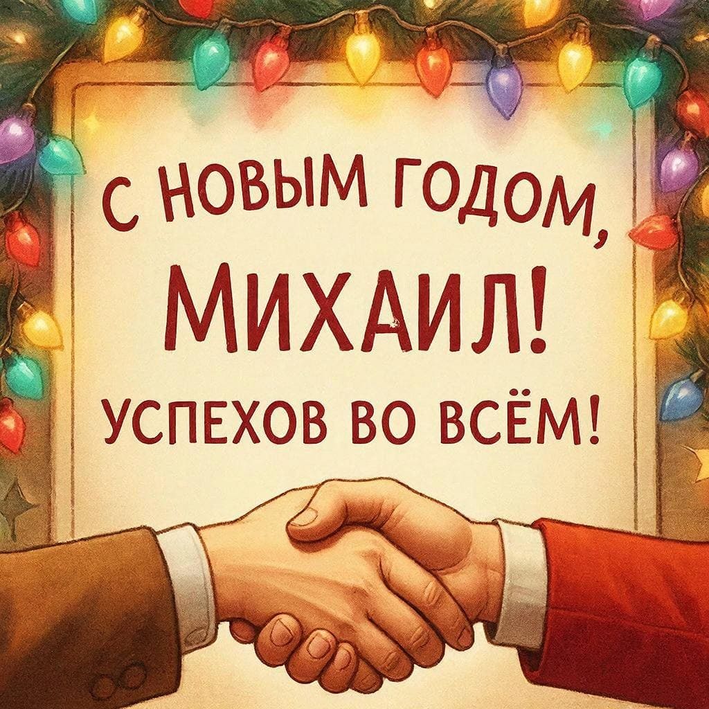 Рукопожатие и новогодняя гирлянда — «С Новым годом, Михаил! Успеха и признания!»