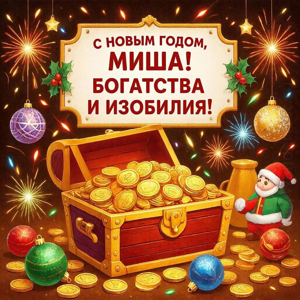 Сундук с монетами, ёлочные шары и бенгальские огни — «С Новым годом, Михаил! Богатства и изобилия!»