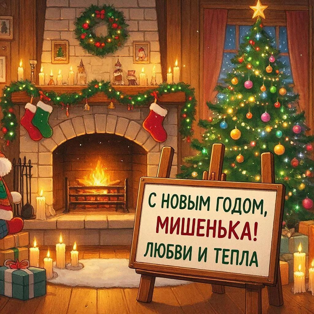 Уют у камина, украшенная ёлка и свечи — «С Новым годом, Мишенька! Любви и тепла!»