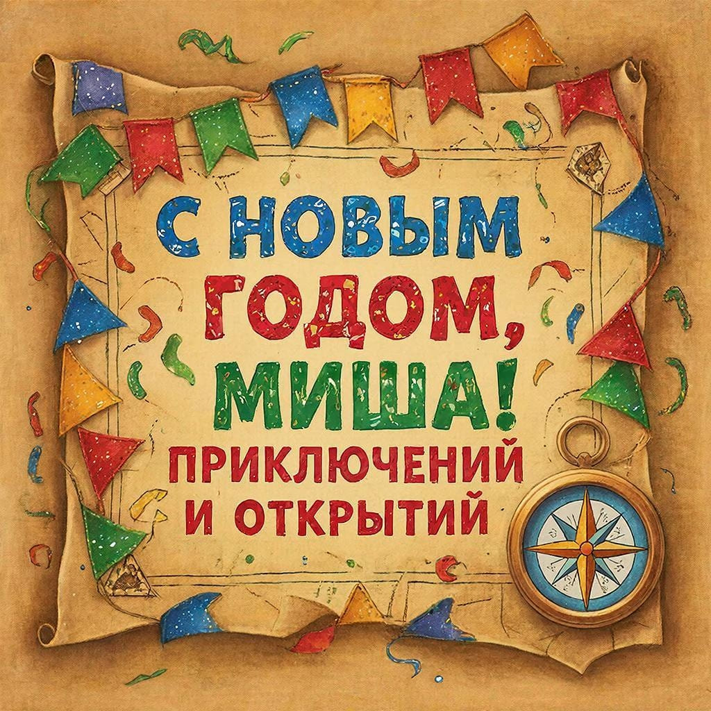 Карта сокровищ, компас и новогодние флажки на ней — «С Новым годом, Михаил! Приключений и открытий!»