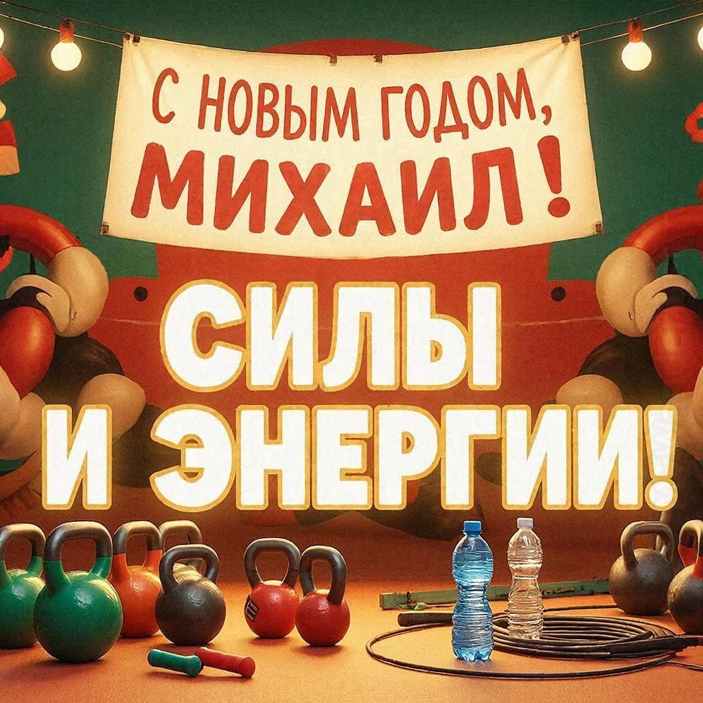 Спортинвентарь, мотивирующие плакаты и новогодняя гирлянда — «С Новым годом, Михаил! Энергии и силы!»