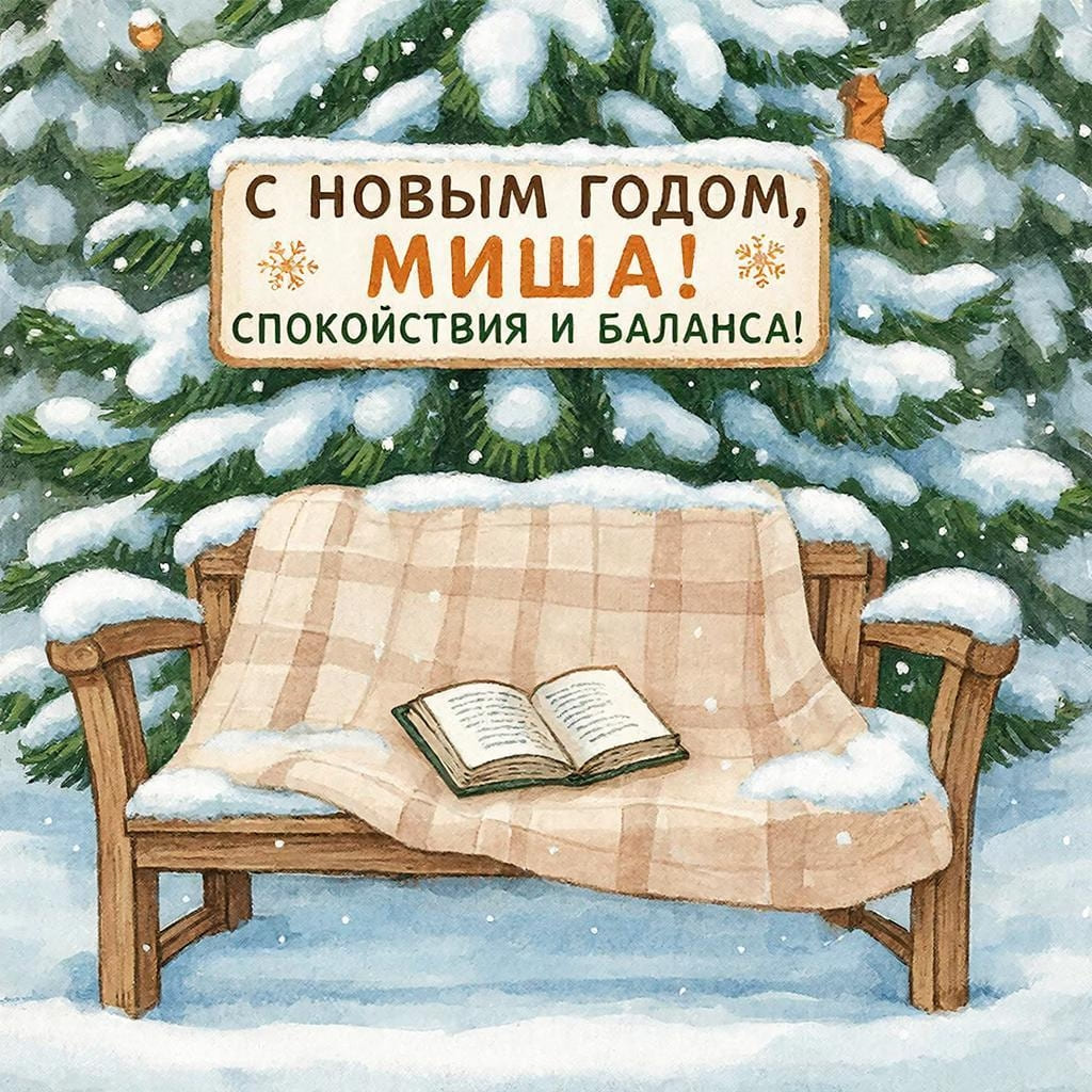 Сад, лавочка, книга и снежинки на ветках ёлки — «С Новым годом, Миша! Спокойствия и баланса!»