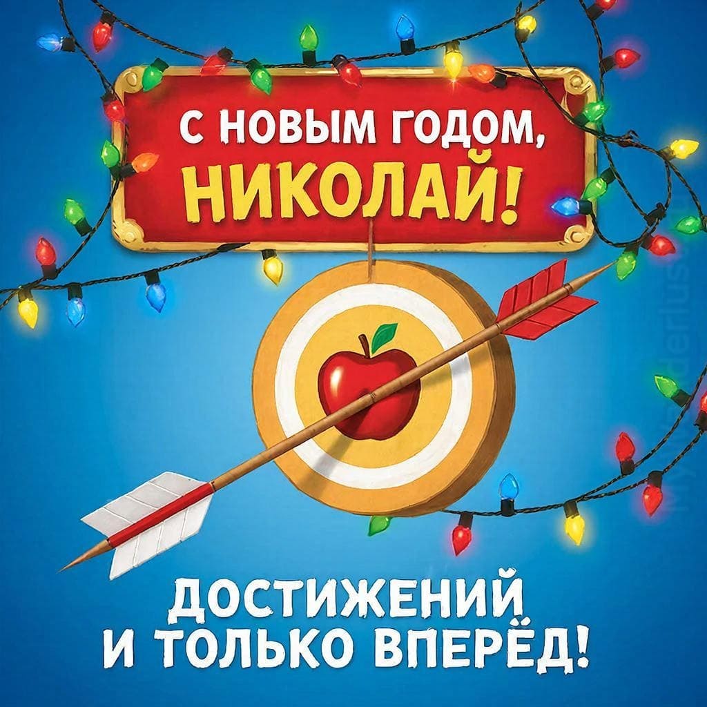 Стрела в центе мишени и ёлочные гирлянды на ней — «С Новым годом, Николай! Достижений и только вперёд!»