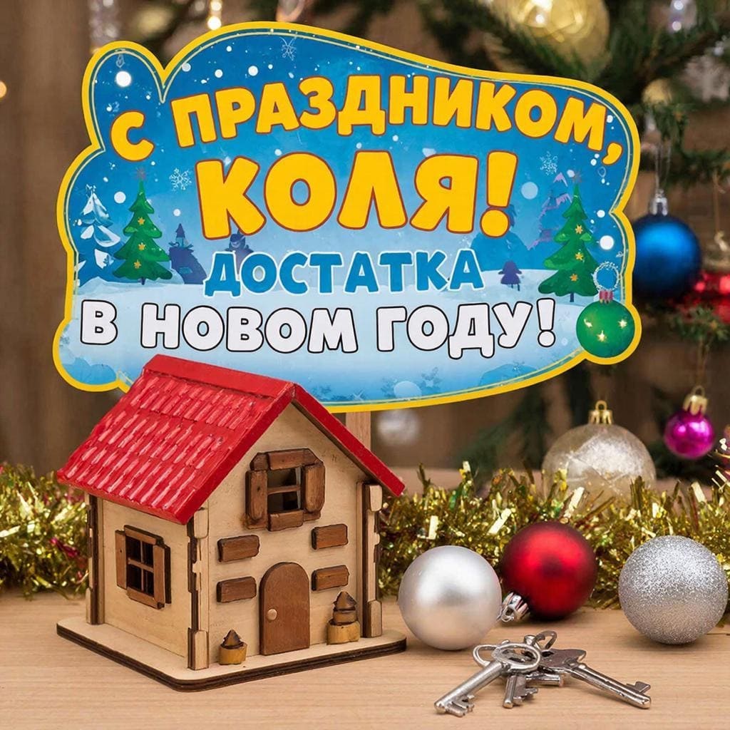 Копилка в форме дома, ключи и новогодний декор — «С праздником, Коля! Достатка в новом году!»