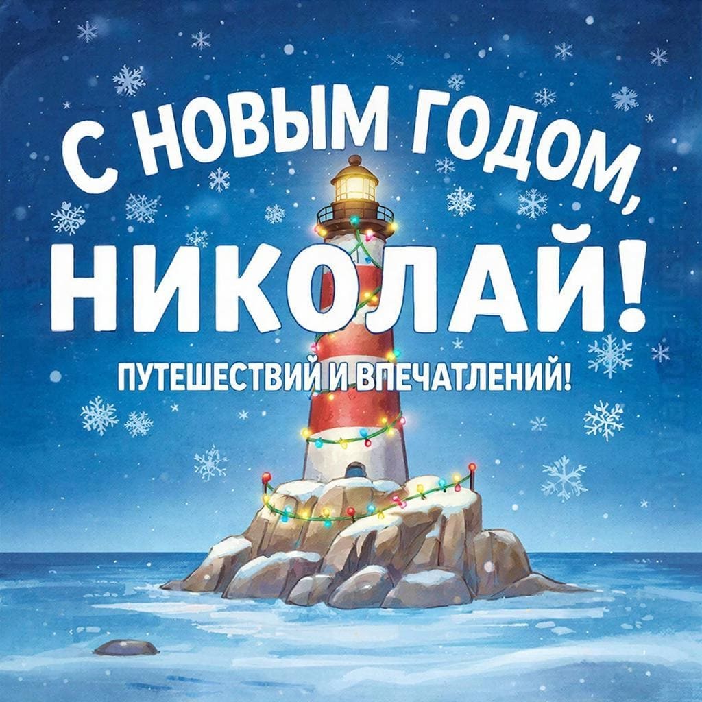 Путешественник с фотоаппаратом, маяк и елочная гирлянда — «С Новым годом, Николай! Путешествий и впечатлений!»