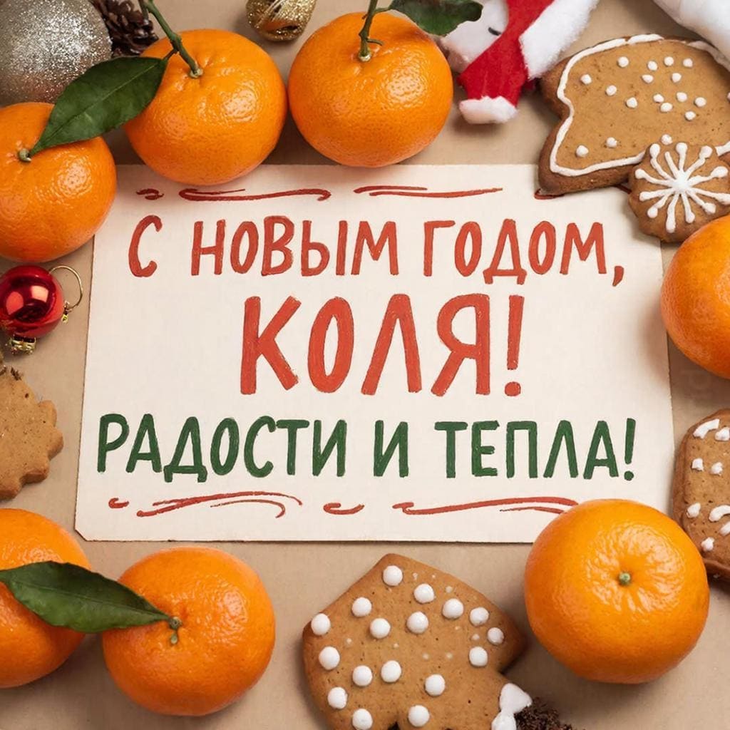 Кулинарная сцена, мандарины, пряники и новогодние украшения — «С Новым годом, Николай! Радости и тепла!»