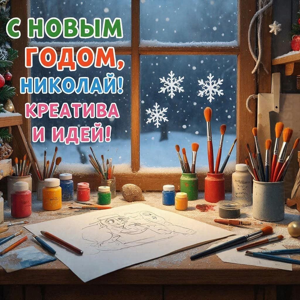 Мастерская, кисти, эскизы и снежинки на окне — «С Новым годом, Николай! Креатива и идей!»