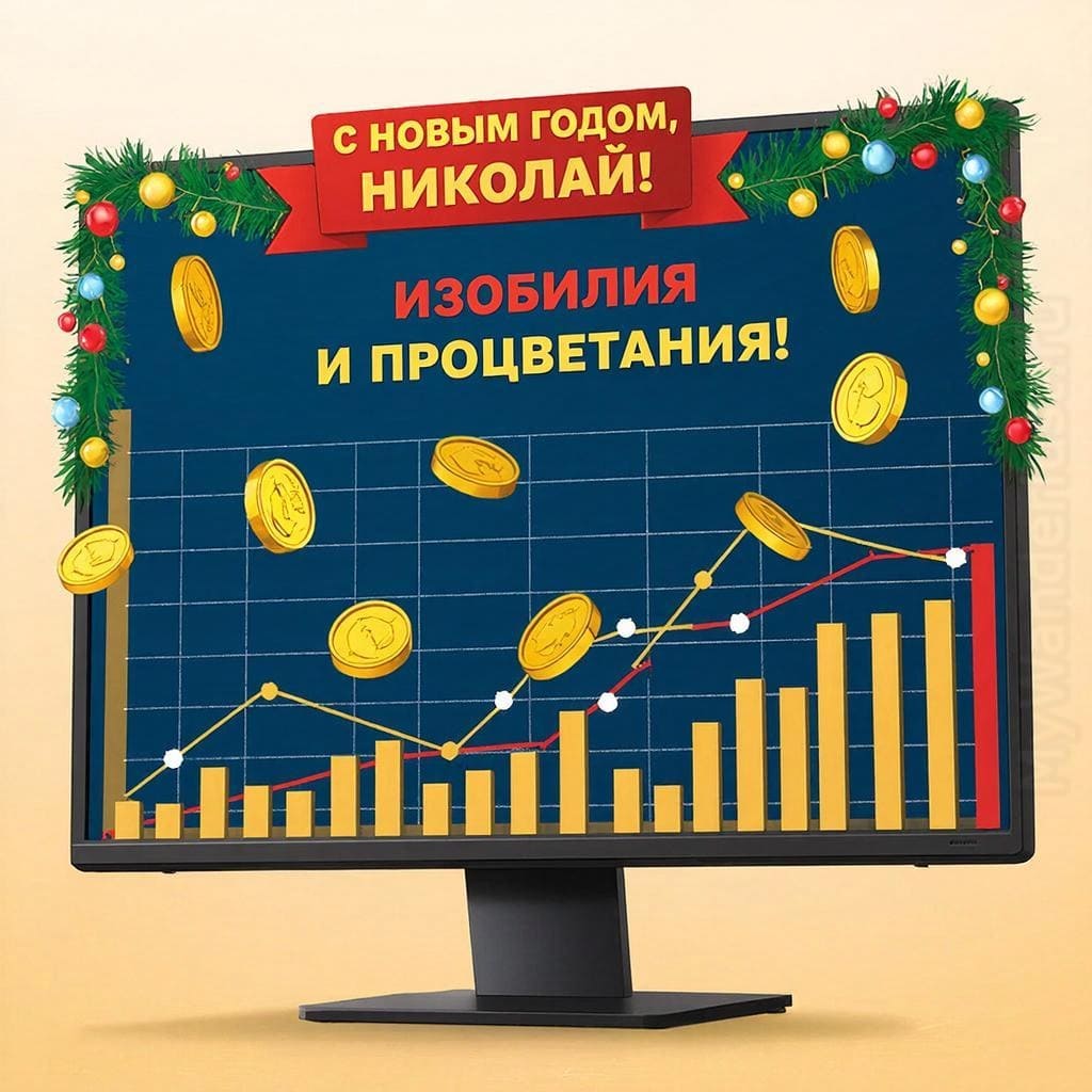 Финансовая диаграмма, монеты, гирлянда на мониторе — «С Новым годом, Николай! Изобилия и процветания!»