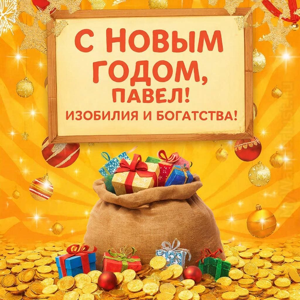 Мешок подарков, золотые монеты и ёлочные игрушки — «С Новым годом, Павел! Изобилия и богатства!»