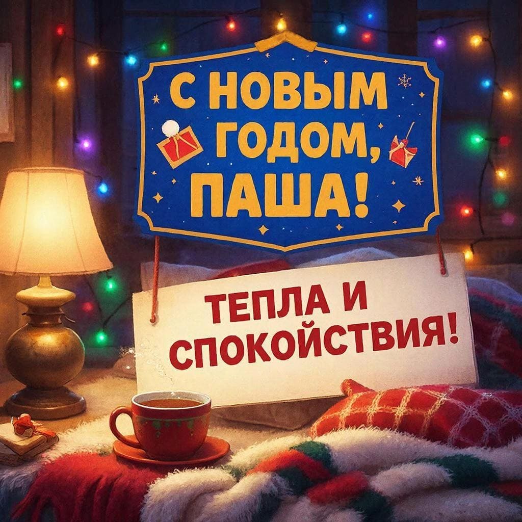 Плед, лампа, чашка чая и гирлянда на стене — «С Новым годом, Павел! Тепла и спокойствия!»