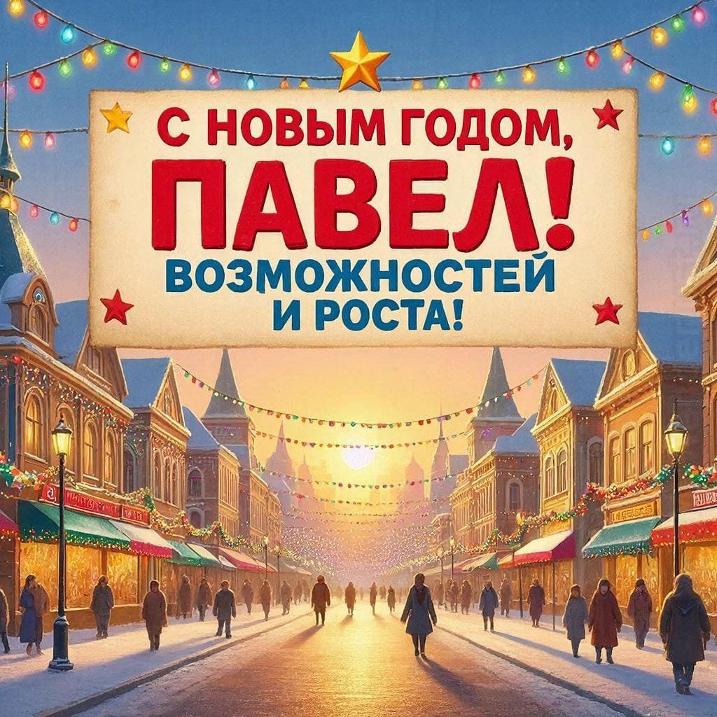 Восход над городом, гирлянды на улицах и флажок — «С Новым годом, Павел! Возможностей и роста!»