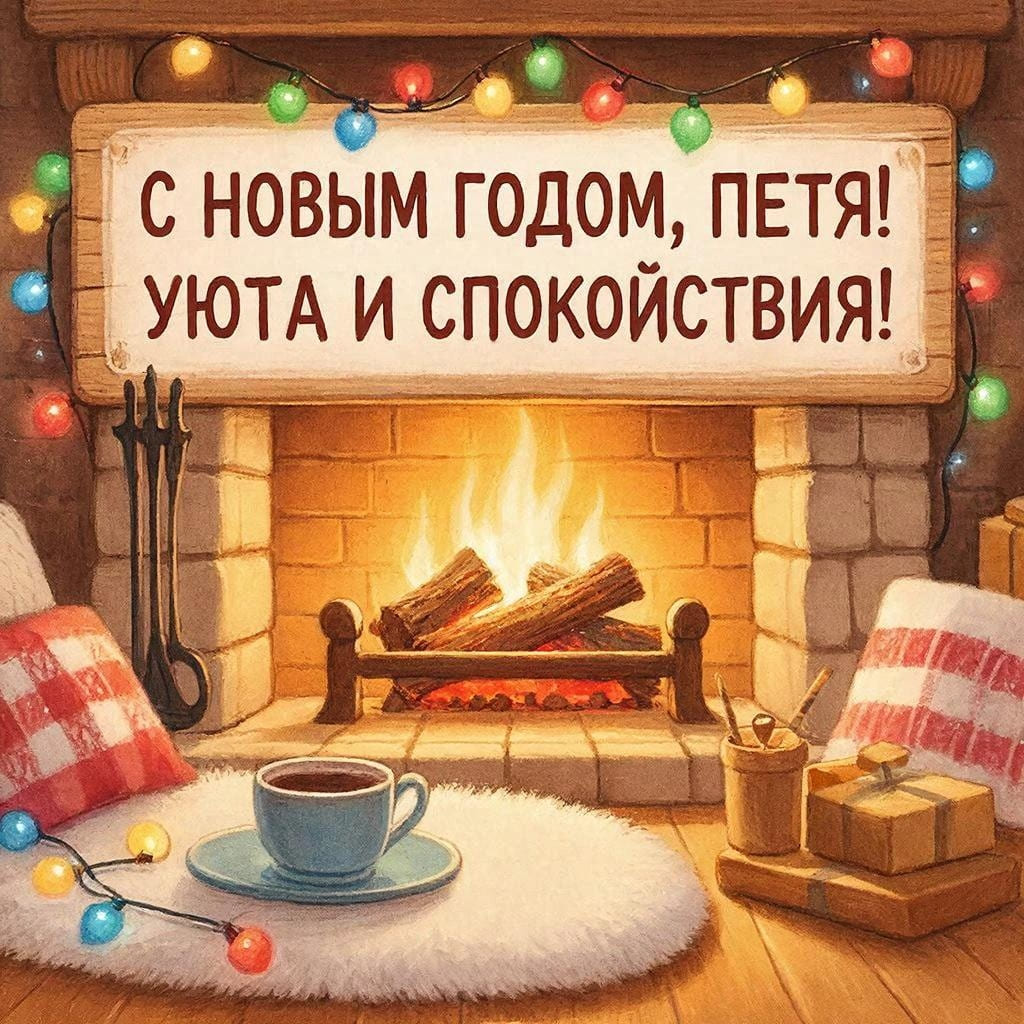 Камин, плед, чашка какао и гирлянда — «С Новым годом, Петр! Уюта и спокойствия!»