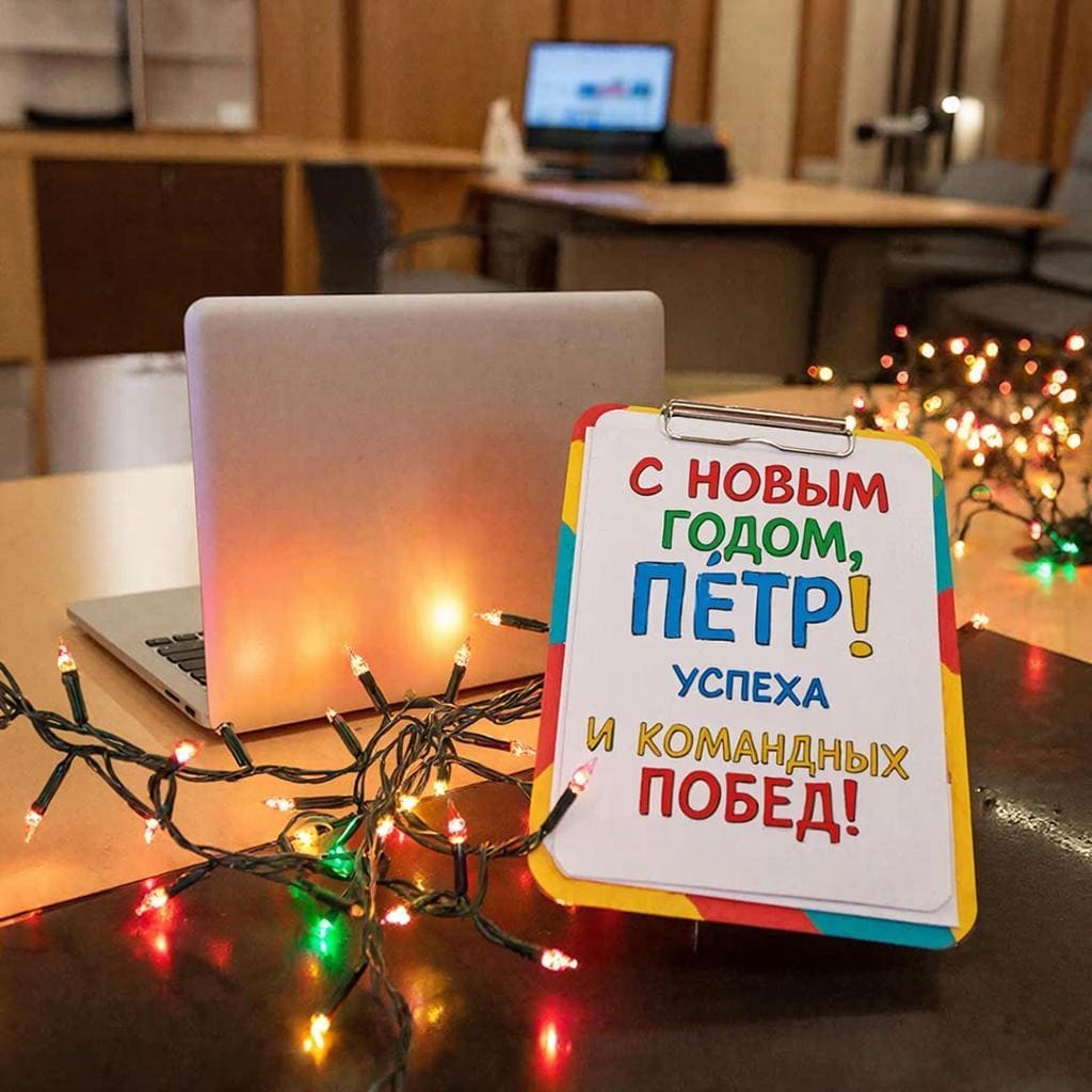 Офисная совещательная комната, ноутбук и праздничные огни — «С Новым годом, Петр! Успеха и командных побед!»