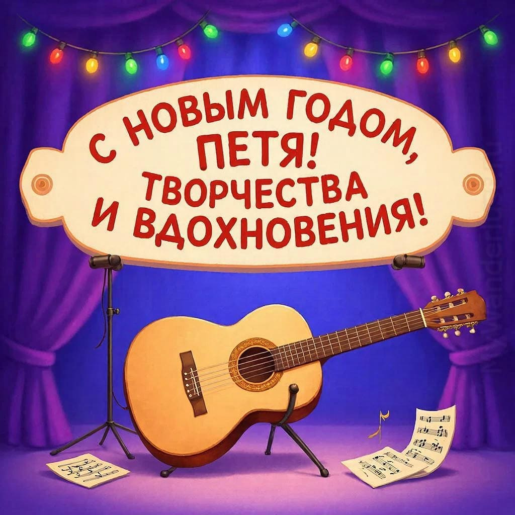 Гитара, ноты и гирлянда над сценой с лампочками — «С Новым годом, Петр! Творчества и вдохновения!»