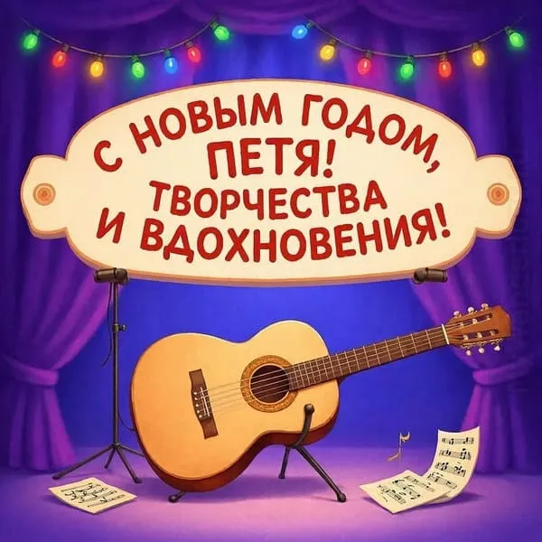 Гитара, ноты и гирлянда над сценой с лампочками — «С Новым годом, Петр! Творчества и вдохновения!»