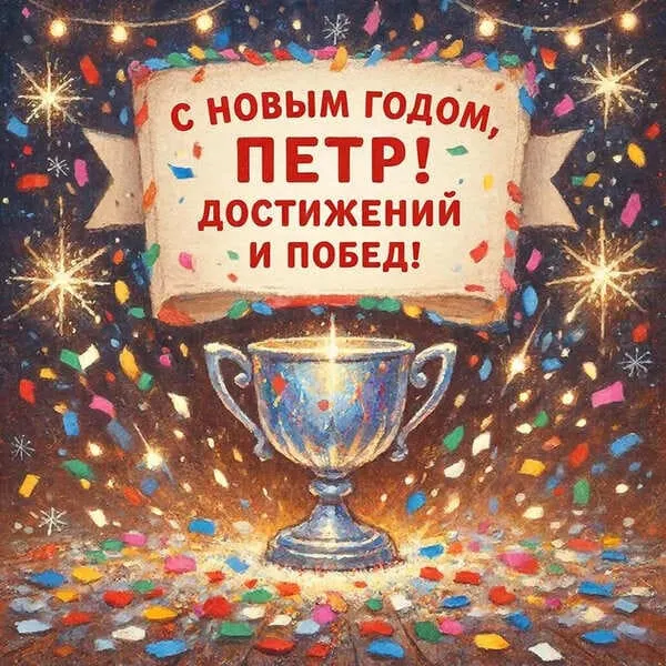 Медали на стене, кубок и новогодние конфетти — «С Новым годом, Петр! Достижений и признания!»