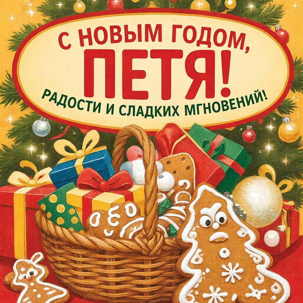 Корзина подарков, имбирные пряники и ёлочные игрушки — «С Новым годом, Петр! Радости и сладких мгновений!»