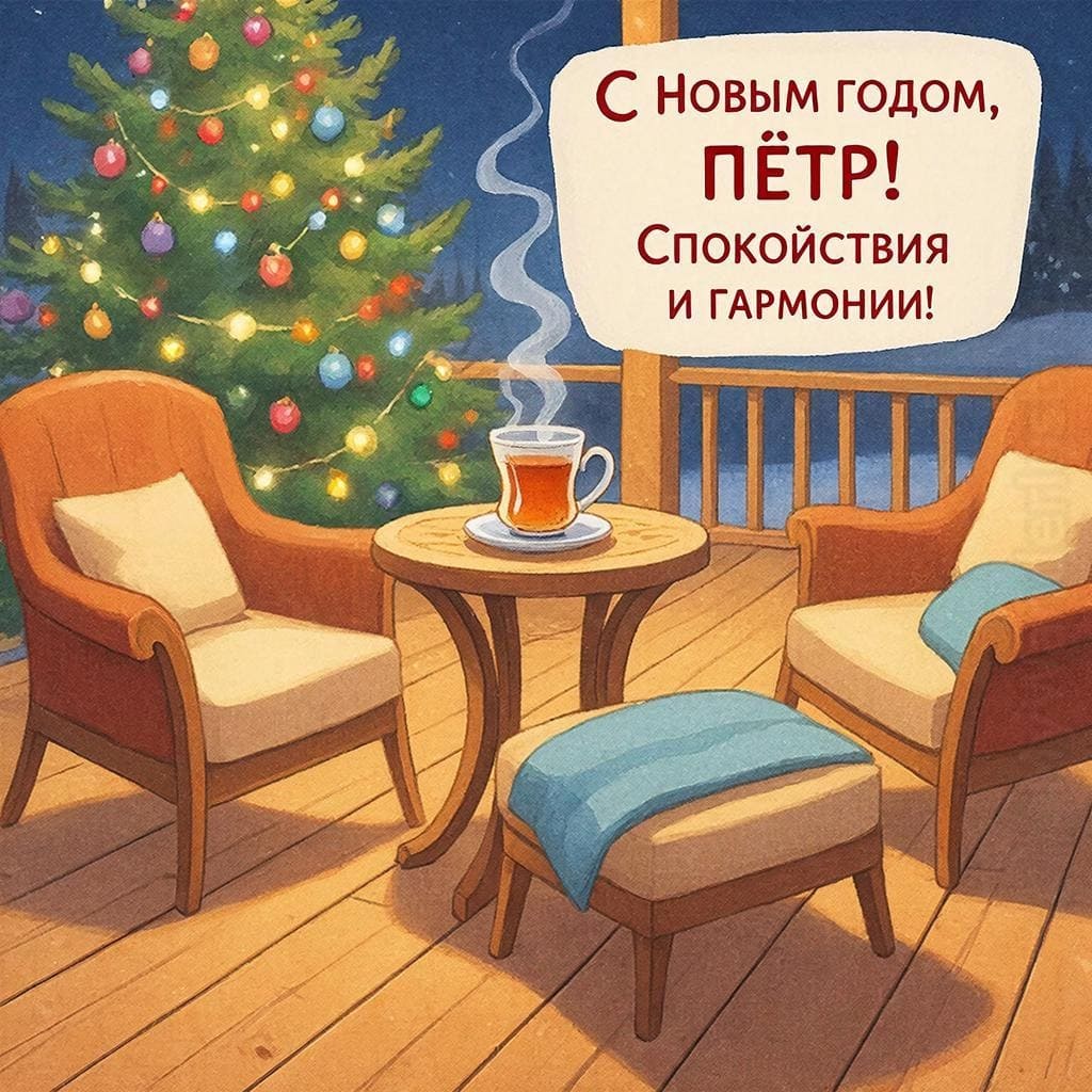 Уютная терраса, чашка чая и мерцающая ёлка — «С Новым годом, Петр! Спокойствия и гармонии!»