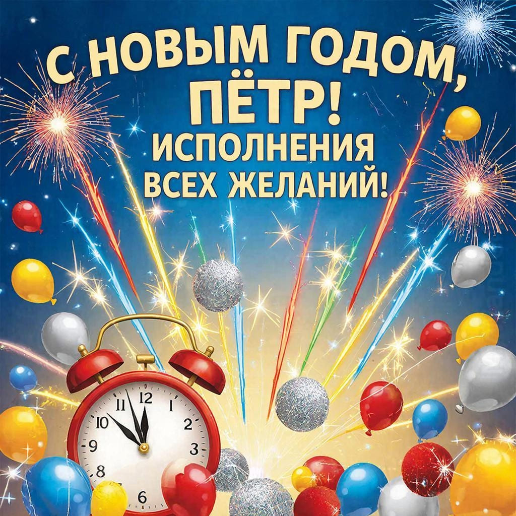 Часы с обратным отсчётом, бенгальские огни и шарики — «С Новым годом, Петр! Исполненных желаний!»