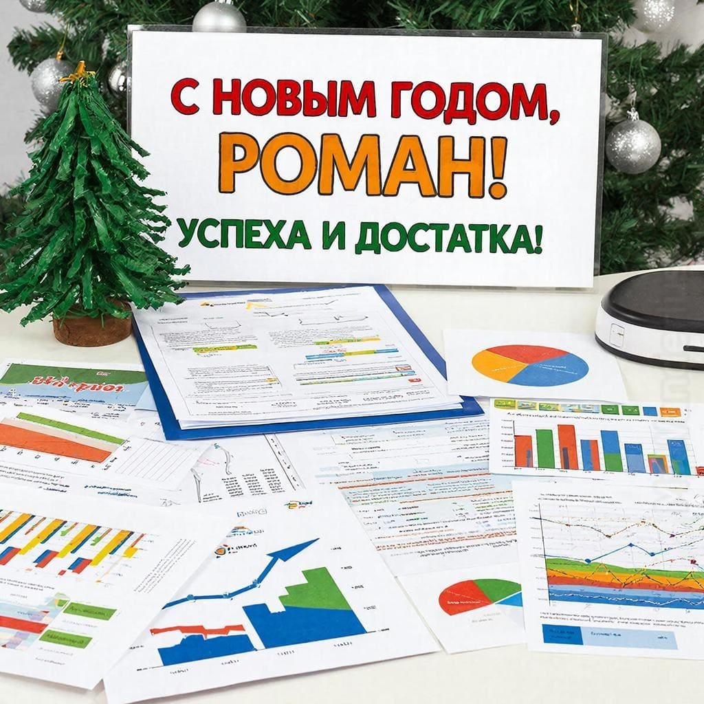 Бизнес-план, графики, ёлочка на столе и шары — «С Новым годом, Роман! Успеха и достатка!»