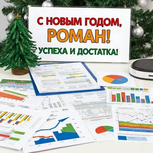 Бизнес-план, графики, ёлочка на столе и шары — «С Новым годом, Роман! Успеха и достатка!»